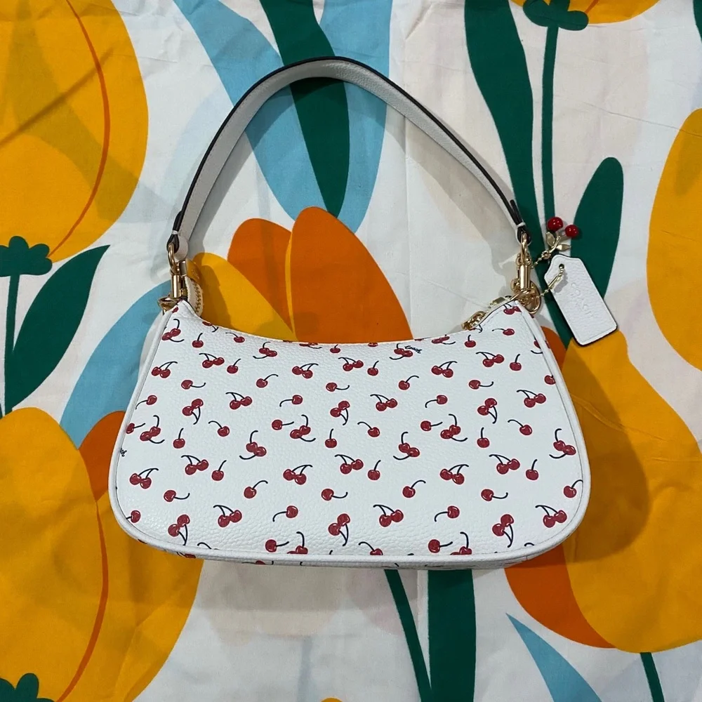 Coach White Cherry Print Shoulder Bag with Gold Hardware
